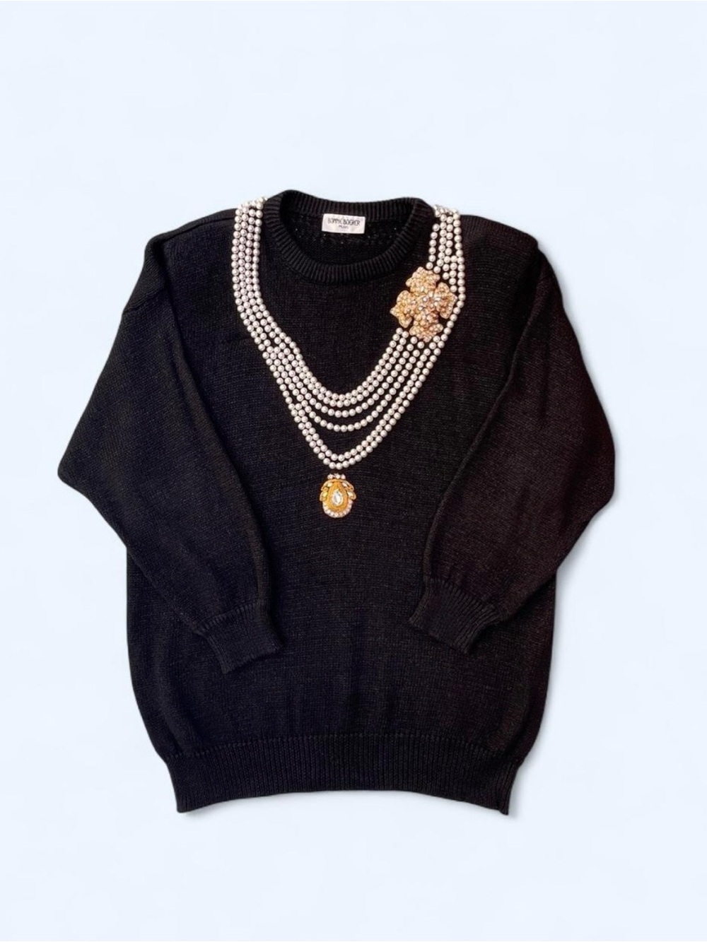 Bonnie Boerer Vintage 1980s Lurex Blue knit sweater trompe-l’œil necklace design
